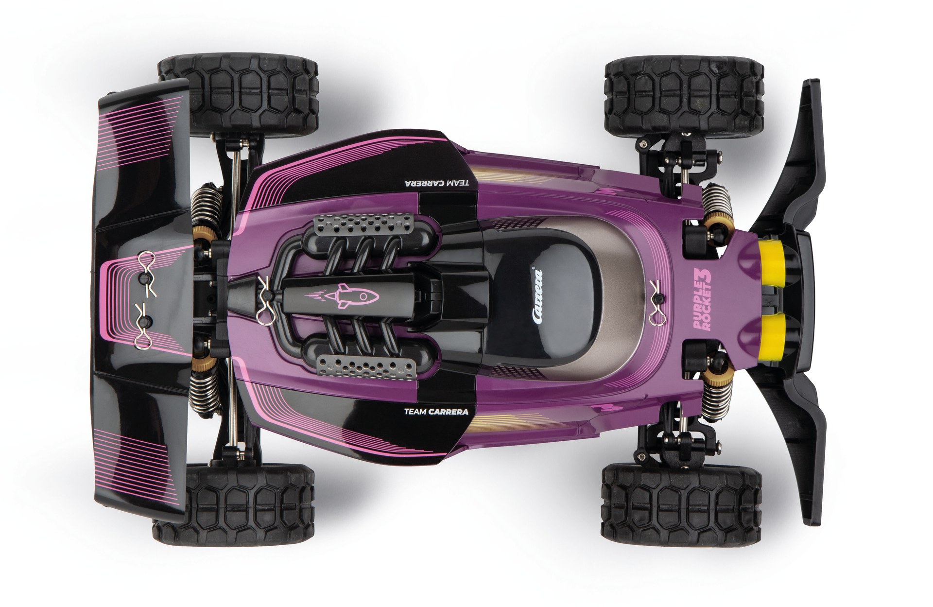 Coche teledirigido morado con alerón negro, emblema de cohete y logo Carrera.