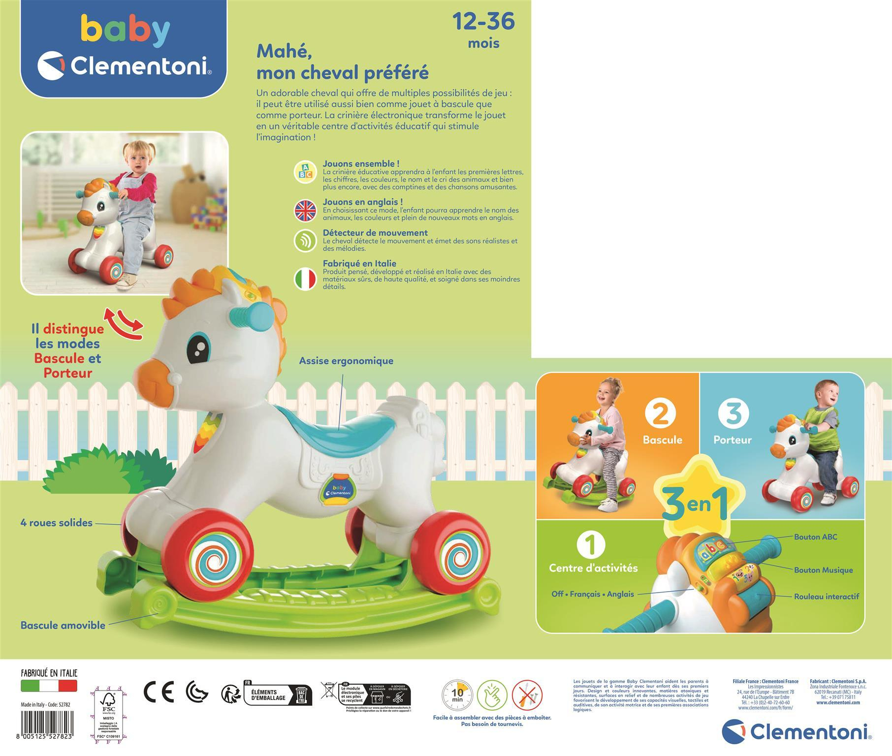 Baby Clementoni Spielzeugpferd: Baby auf einem weißen Pferd mit roten Rädern. Rocker/Fahrzeug.