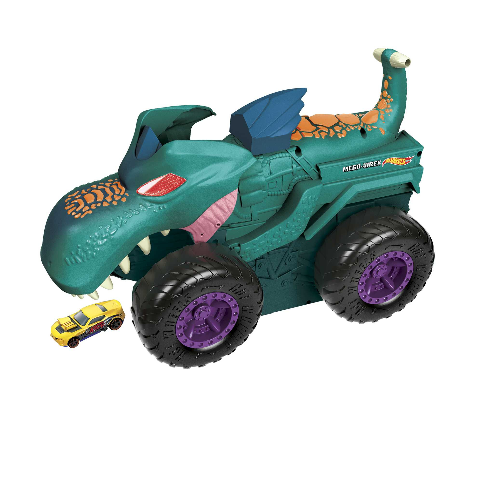 Ein grünes Spielzeugauto in Drachenform mit einem kleinen gelben Auto davor.