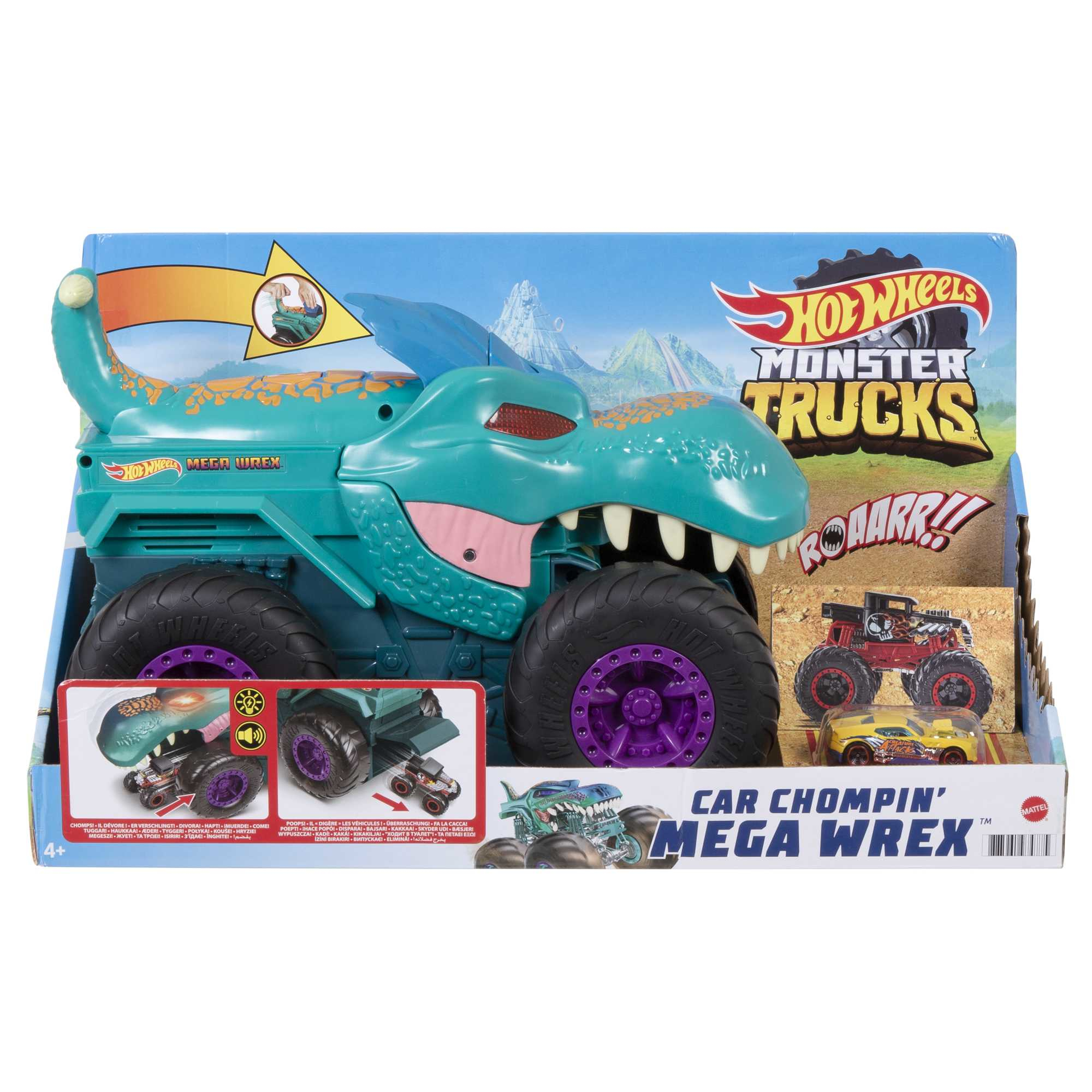 Ein Hot Wheels Monster Trucks Mega Wrex Spielzeug, ein türkisfarbener Dinosaurier-Truck mit lila Rädern, in seiner Verpackung.