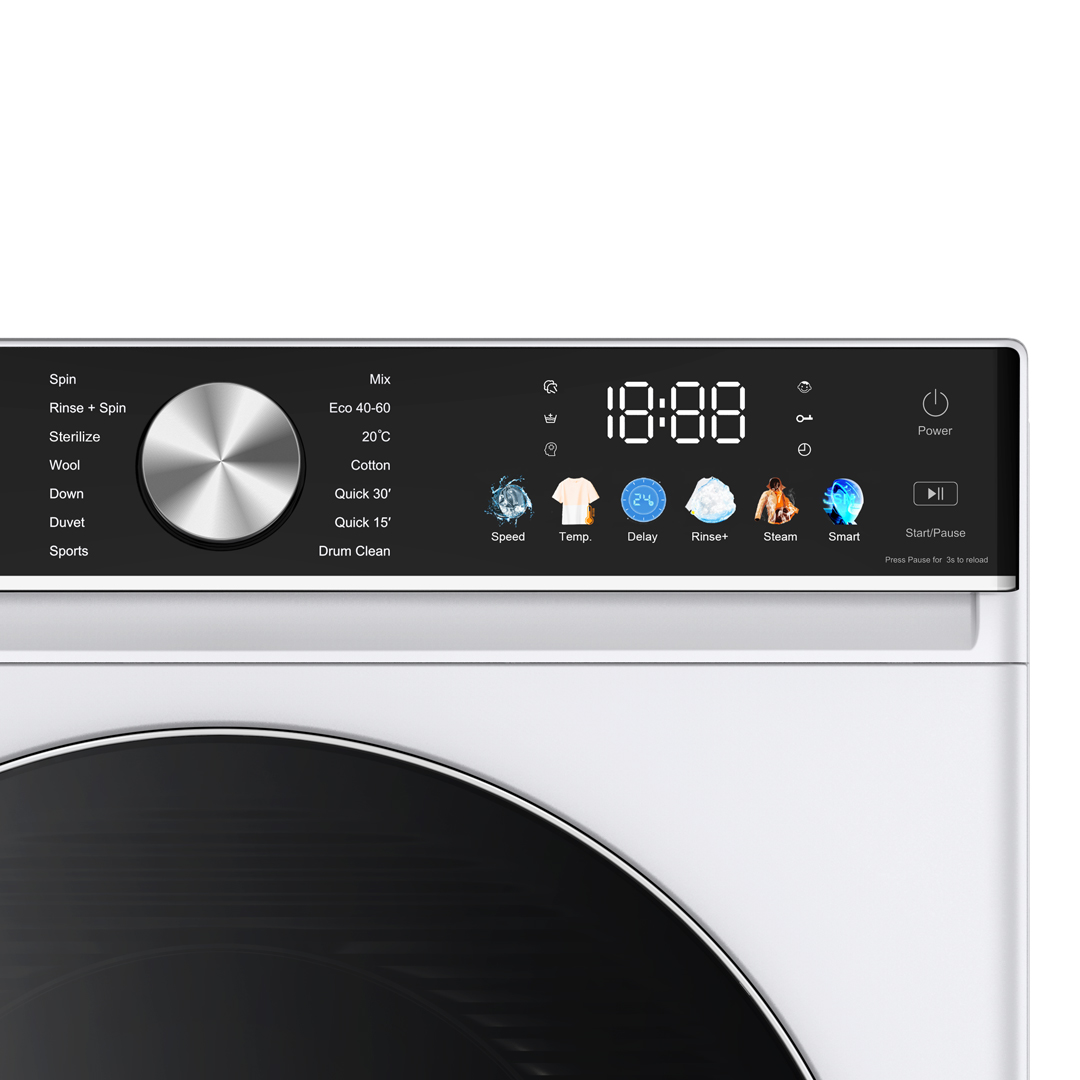Panel de control de lavadora con pantalla digital y dial. Opciones incluyen Centrifugar, Mezcla y varios ciclos.
