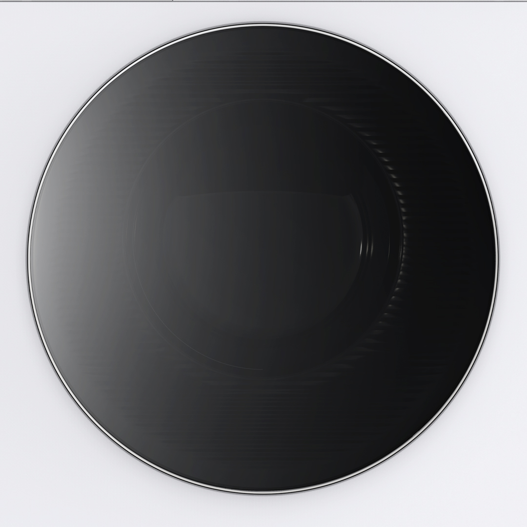 Una puerta redonda de cristal negro con borde plateado está centrada en una superficie blanca.