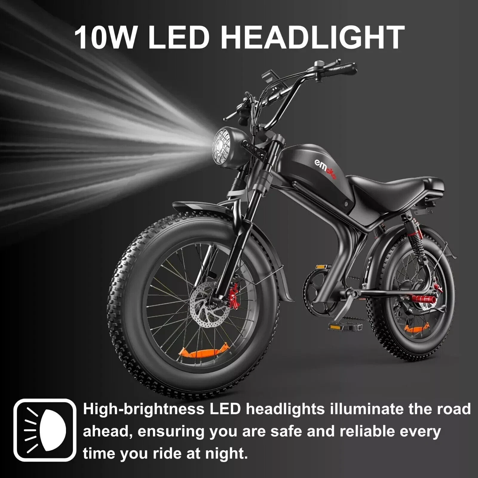 Una bicicleta eléctrica negra con un faro LED brillante que ilumina el camino.