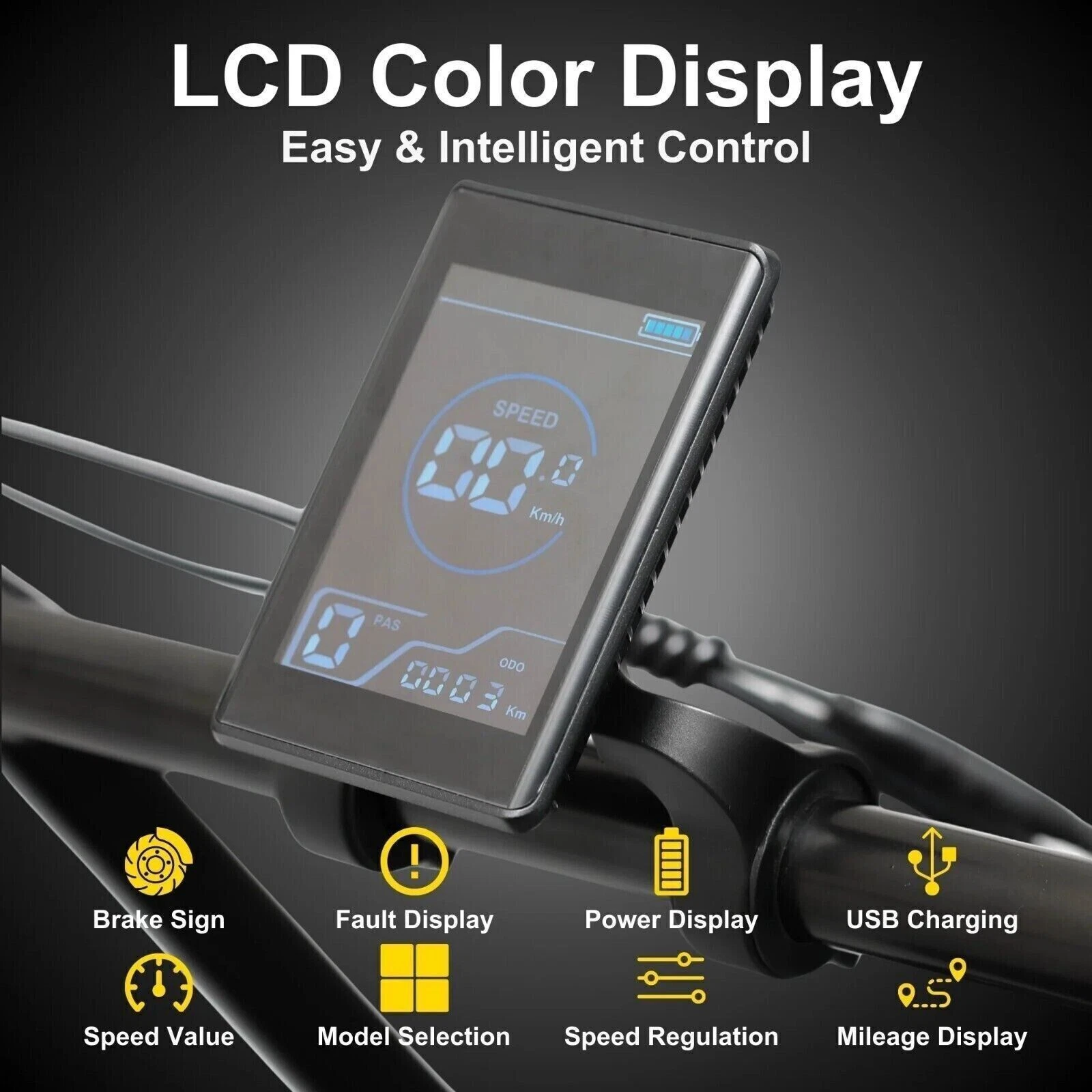 Pantalla LCD a color que muestra velocidad, PAS, ODO e iconos de freno, fallo, potencia, carga, velocidad, modelo, regulación.