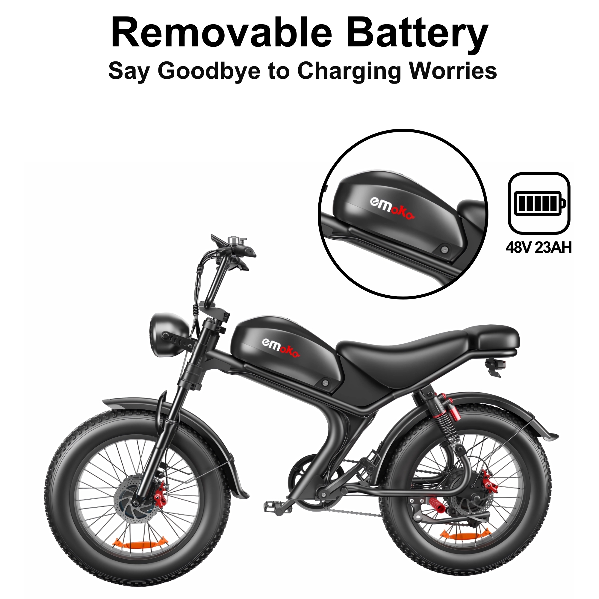 Bicicleta eléctrica negra con batería extraíble, 48V 23AH. Texto: Batería extraíble.