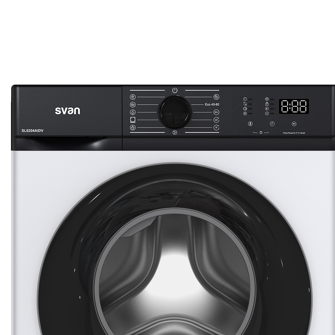 Una lavadora Svan blanca y negra con panel de control y pantalla digital.