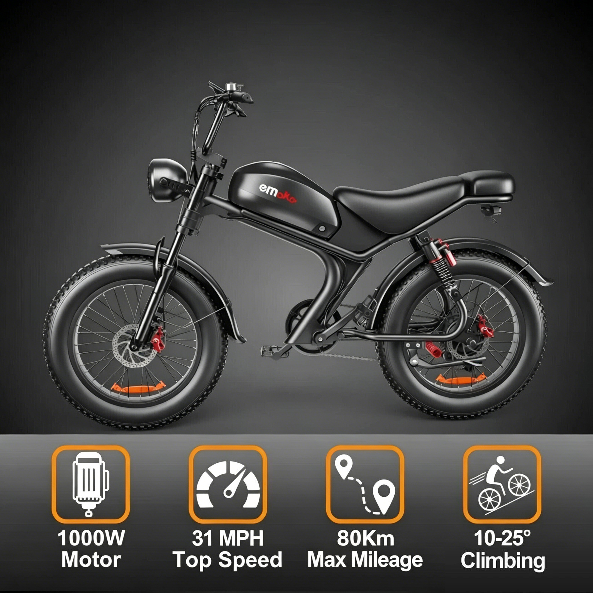 Bicicleta eléctrica negra con neumáticos anchos, estilo retro, motor 1000W, 31 MPH.
