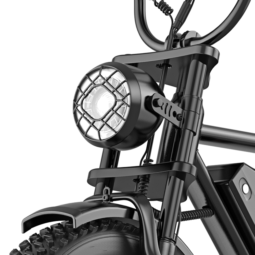 Primer plano del faro delantero y manillar de una bicicleta eléctrica negra.