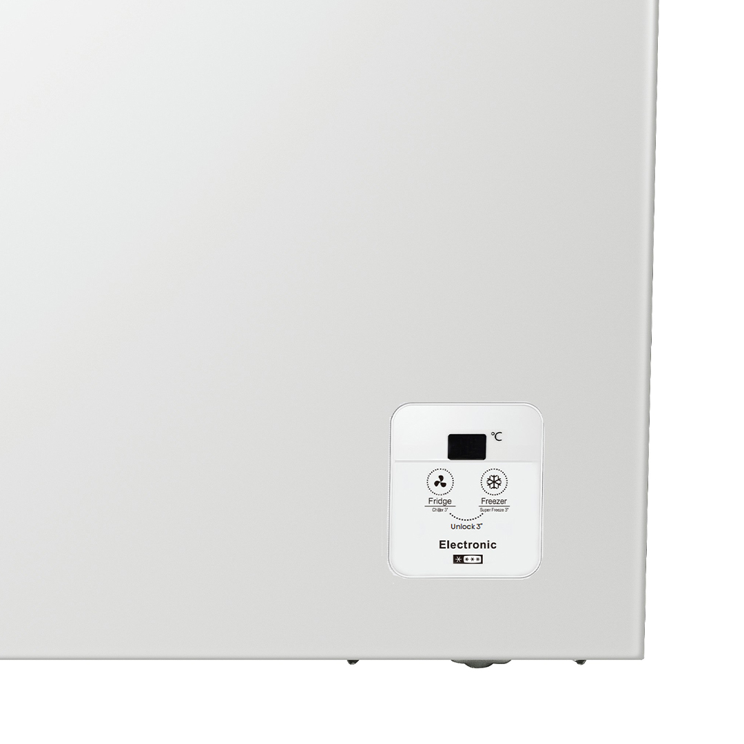 Panel de control de congelador horizontal blanco con ajustes de Frigorífico, Congelador y Electrónico.