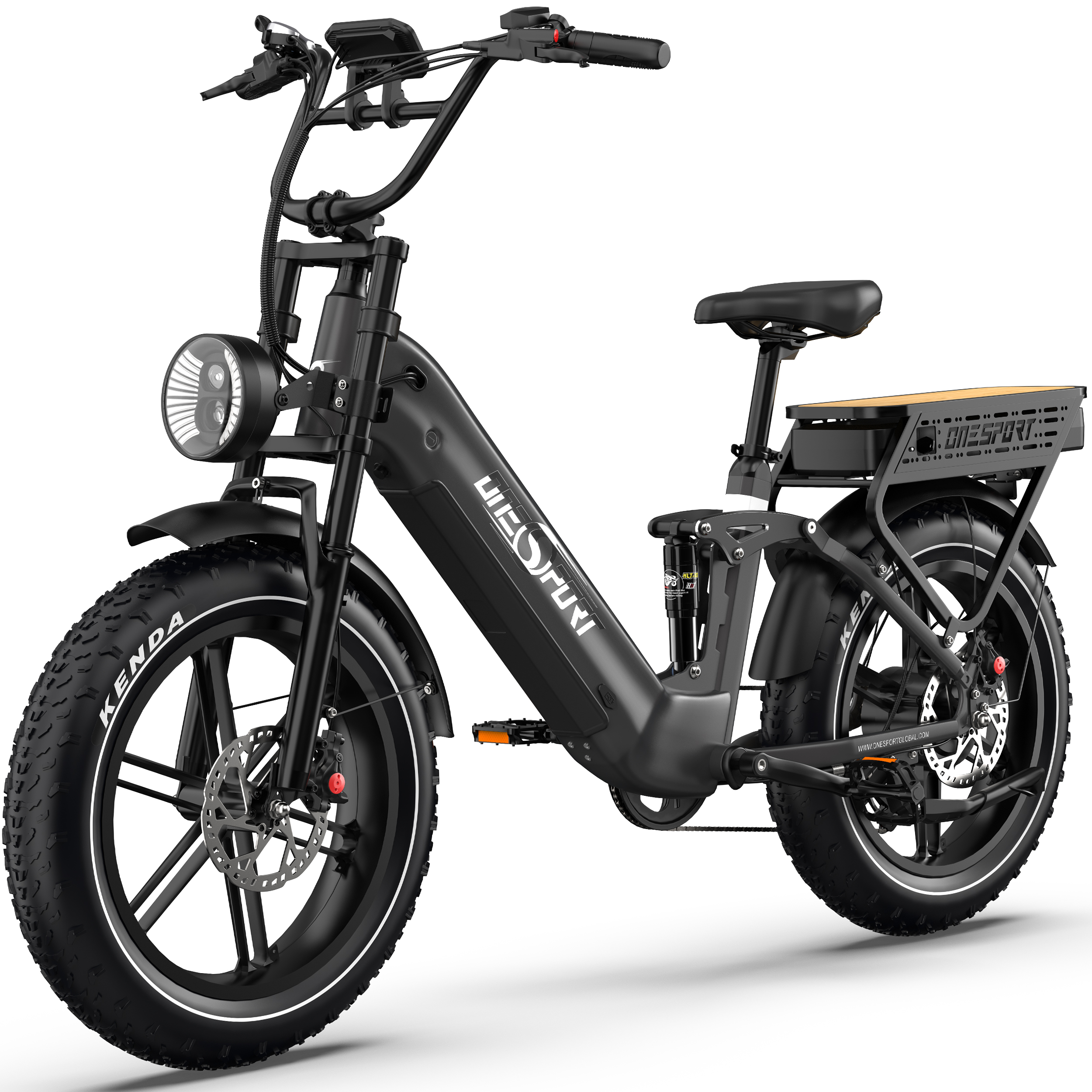 Ein schwarzes E-Bike mit dicken Reifen und einem runden Scheinwerfer.