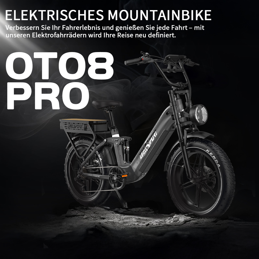 Schwarzes Elektro-Mountainbike mit breiten Reifen und Gepäckträger.