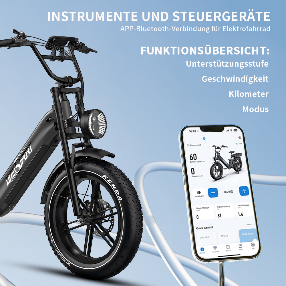 Schwarzes E-Bike mit Handy-App-Anzeige, die Geschwindigkeit und Akku zeigt.