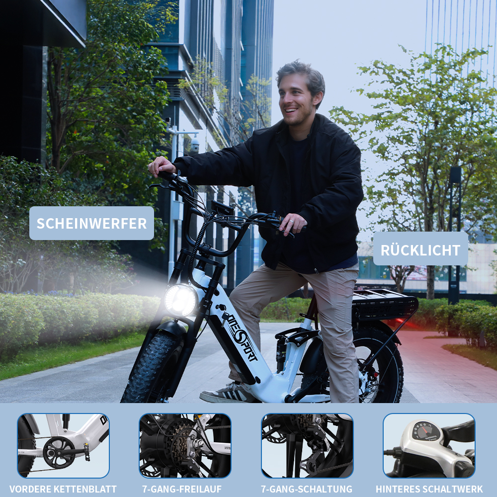 Mann auf einem weißen E-Bike mit Scheinwerfer und Rücklicht, Details unten.
