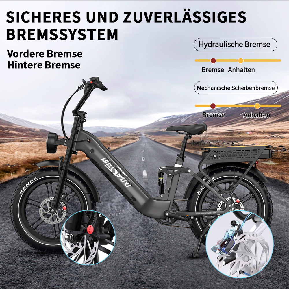 Ein schwarzes E-Bike auf einer Straße mit Bergen im Hintergrund. Details zu hydraulischen und mechanischen Bremsen.
