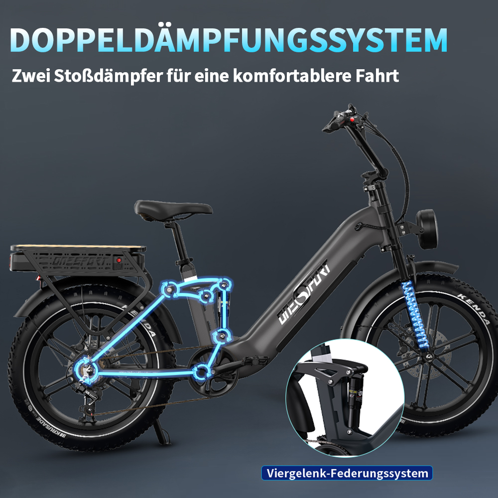 Schwarzes E-Bike mit Doppeldämpfungssystem und Viergelenk-Federung.