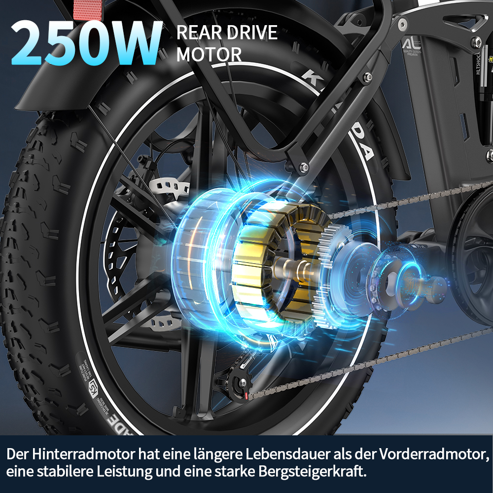 Nahaufnahme des Heckmotors eines E-Bikes mit leuchtenden Komponenten.