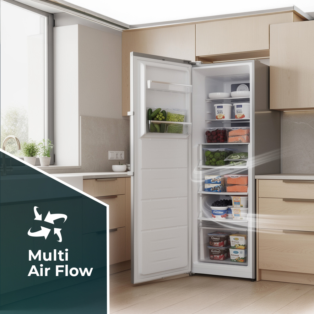 Refrigerador abierto con alimentos y gráfico "Multi Air Flow".