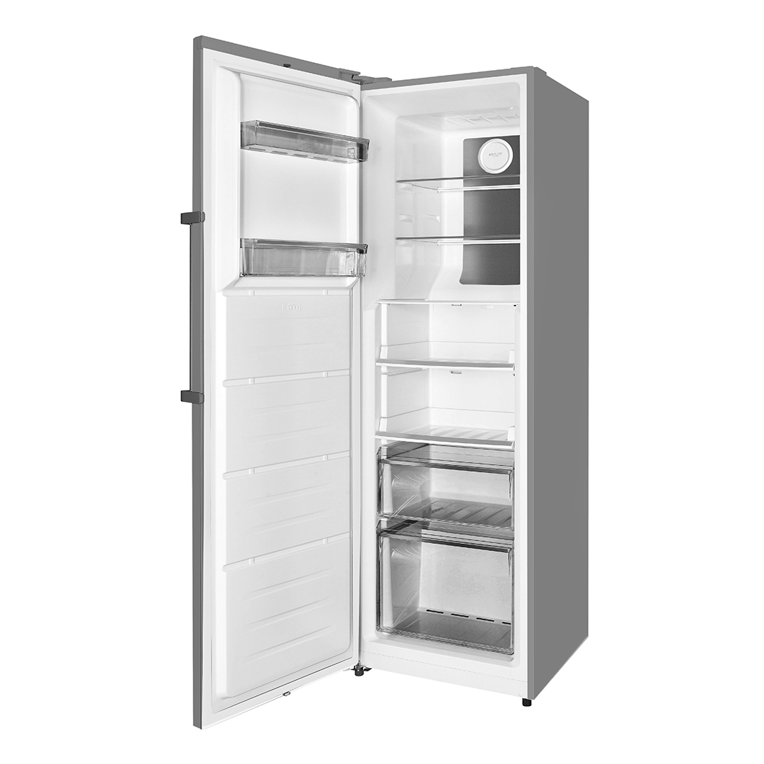 Un refrigerador blanco abierto con varios estantes y cajones.