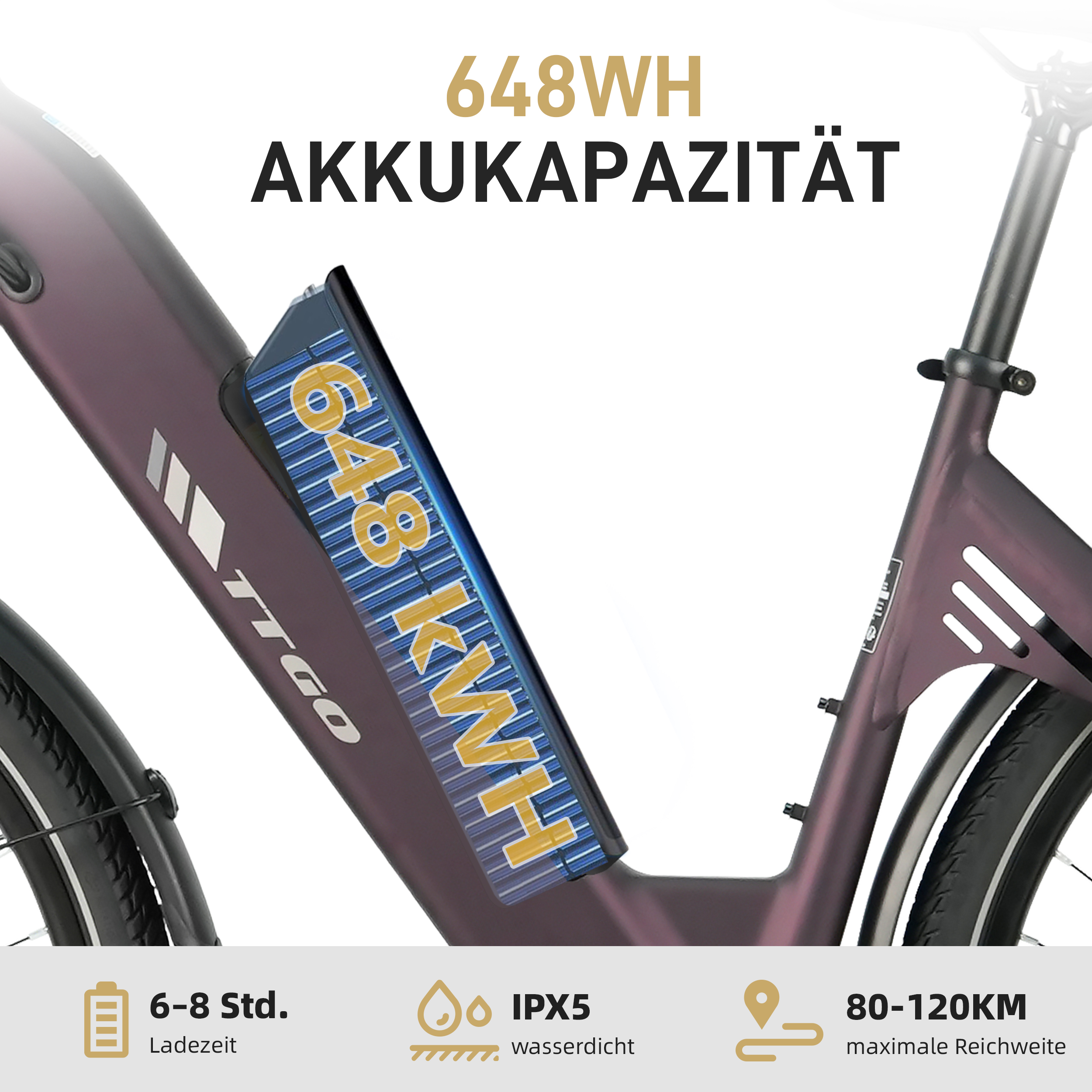 Lila E-Bike mit 648 Wh Akku, Ladezeit 6-8 Std., IPX5 wasserdicht, Reichweite 80-120 km.