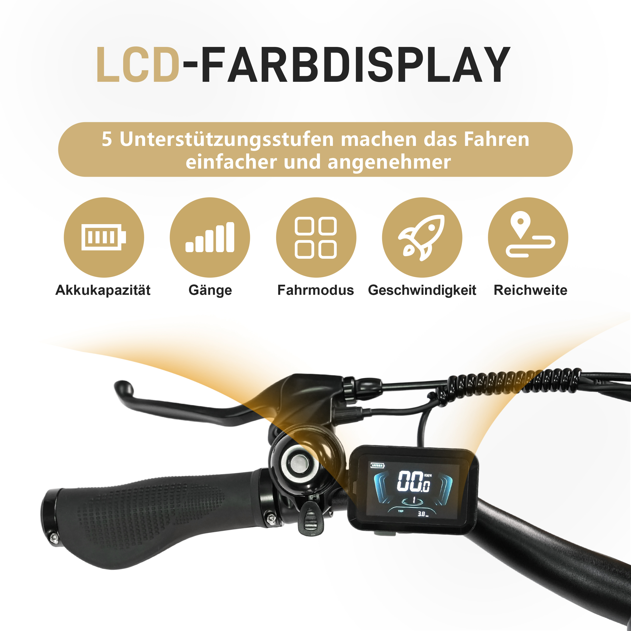 E-Bike-Lenker mit LCD-Display, zeigt Geschwindigkeit, Akku und Trip-Infos. Symbole für Modi.