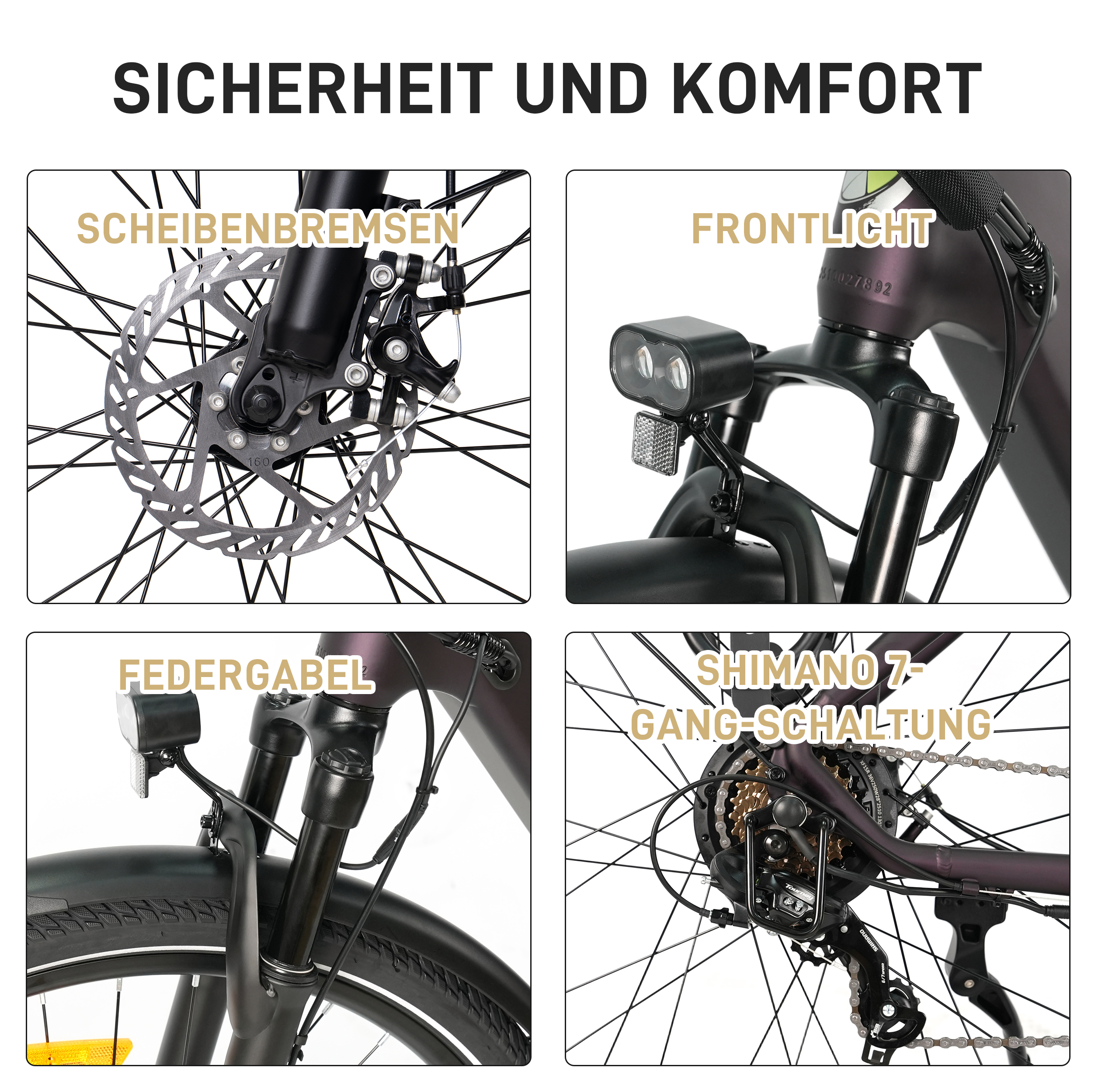 Details eines Fahrrads: Scheibenbremse, Frontlicht, Federgabel und Shimano-Schaltung.