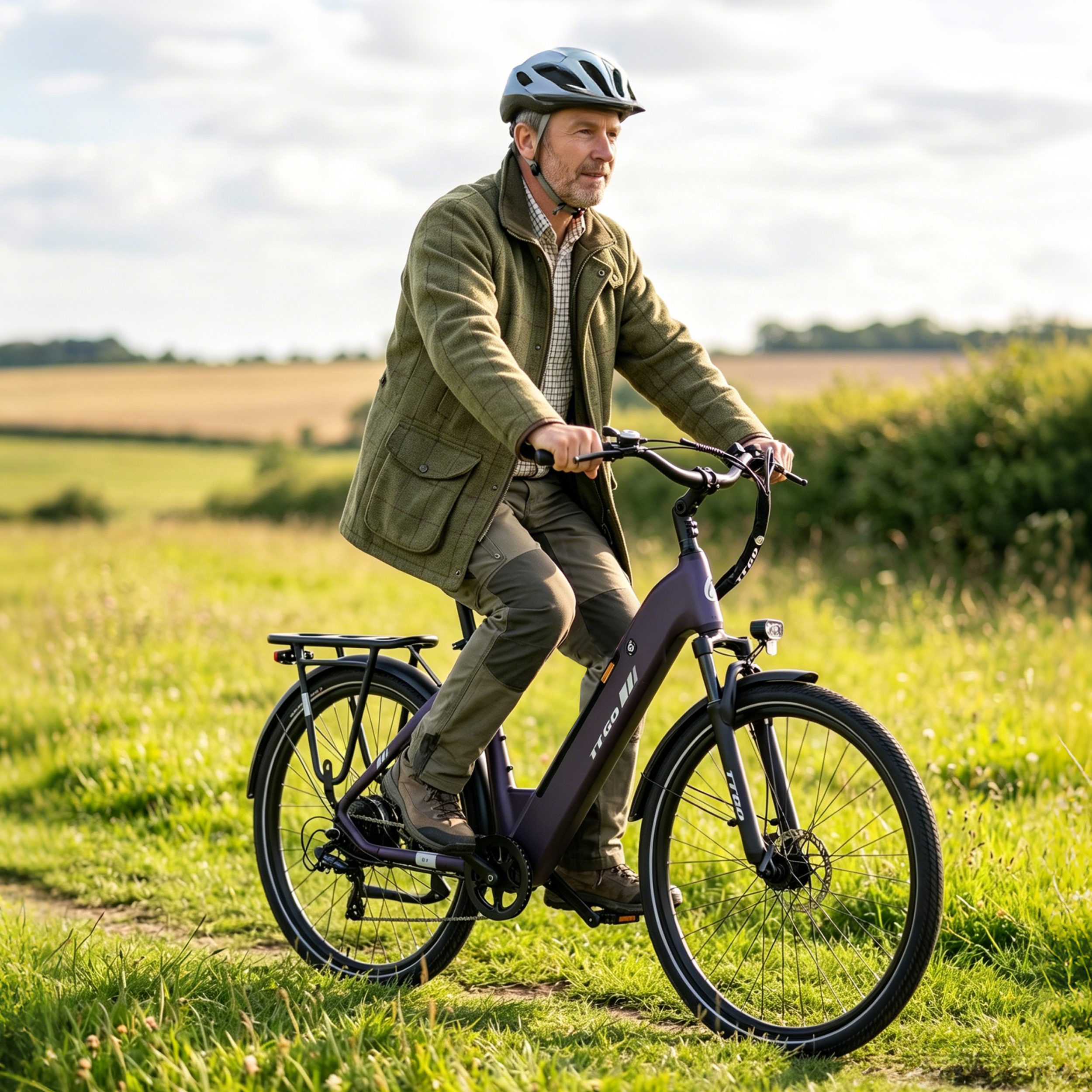 Mann fährt lila E-Bike auf Feldweg, trägt Helm und grüne Jacke.