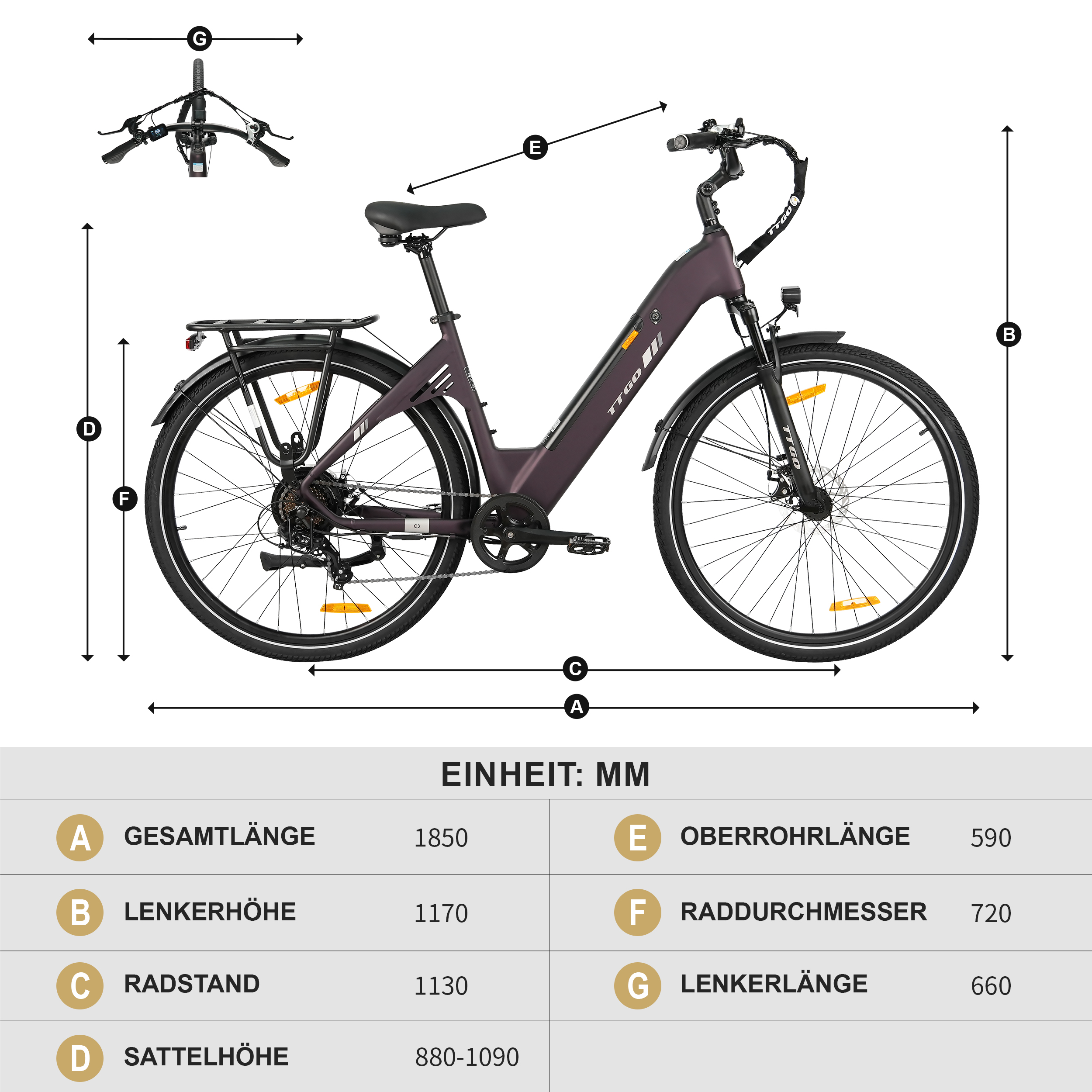 Ein lila TTGO E-Bike wird mit wichtigen Maßen in Millimetern auf weißem Hintergrund gezeigt.