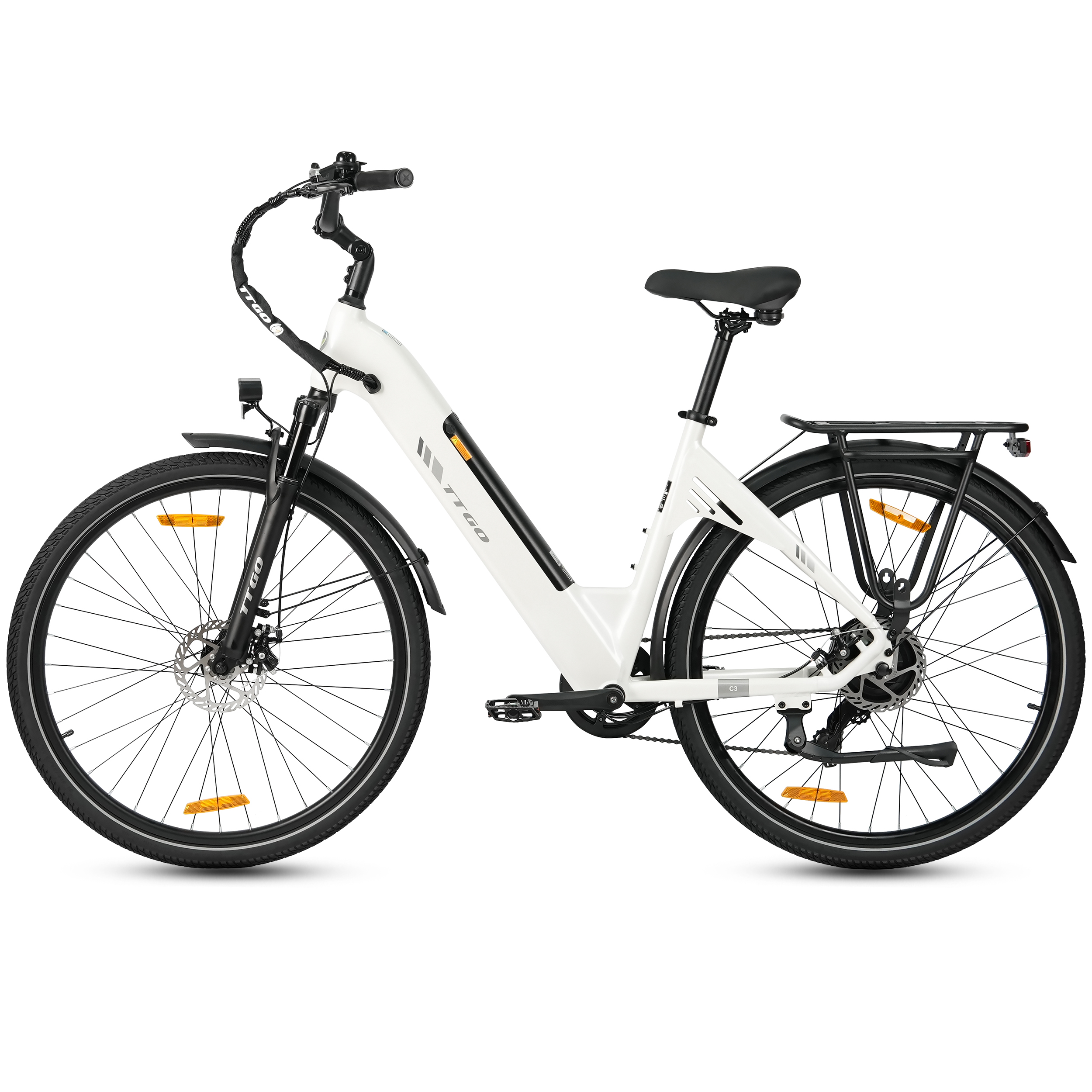 Ein weißes Elektrofahrrad mit schwarzen Akzenten und Gepäckträger.