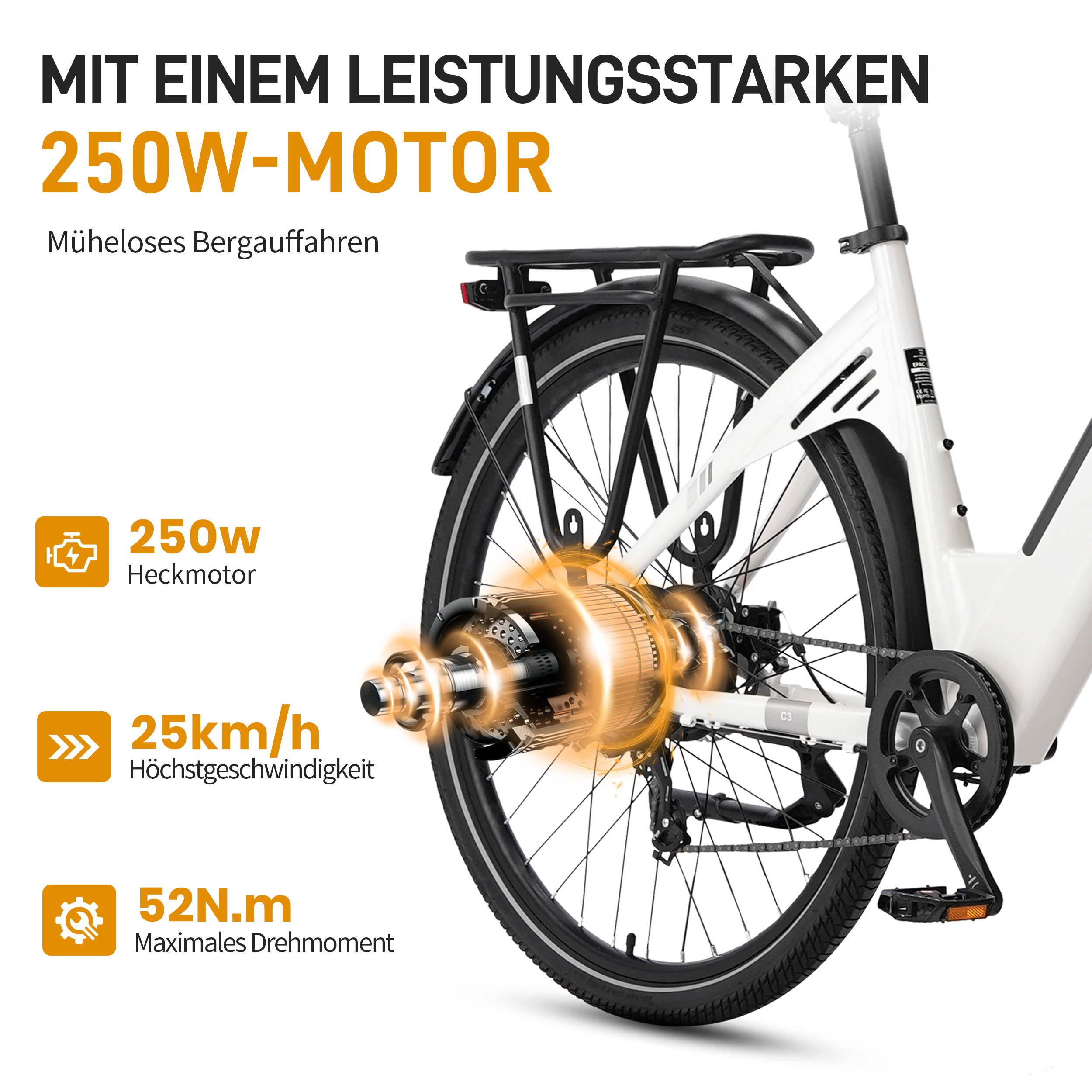 Ein weißes Fahrrad mit orangefarbenen Akzenten, das einen 250W Heckmotor zeigt.
