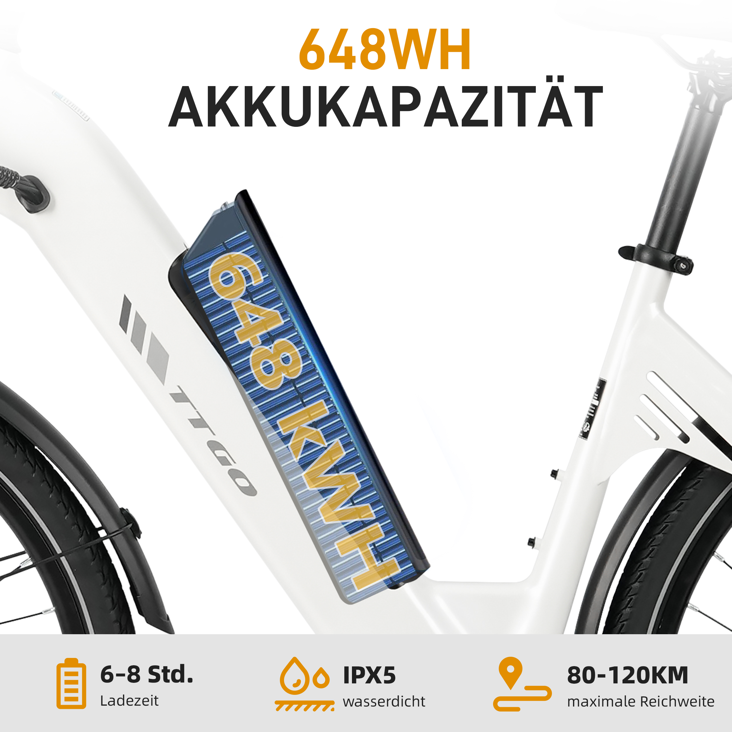 Nahaufnahme eines weißen E-Bikes mit 648WH Akku. Text über Kapazität.