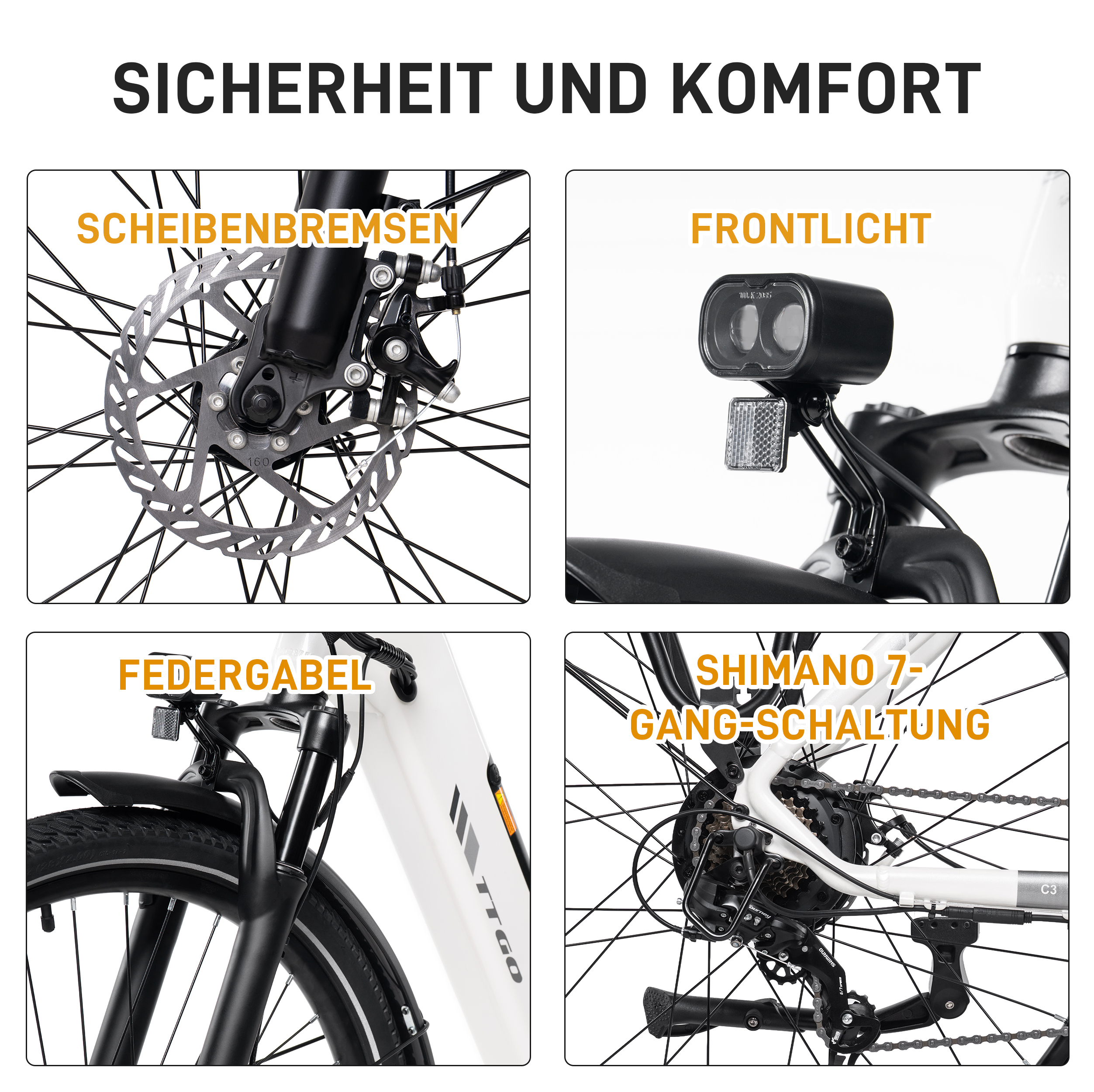Detailansichten eines Fahrrads: Scheibenbremse, Frontlicht, Federgabel, Gangschaltung.