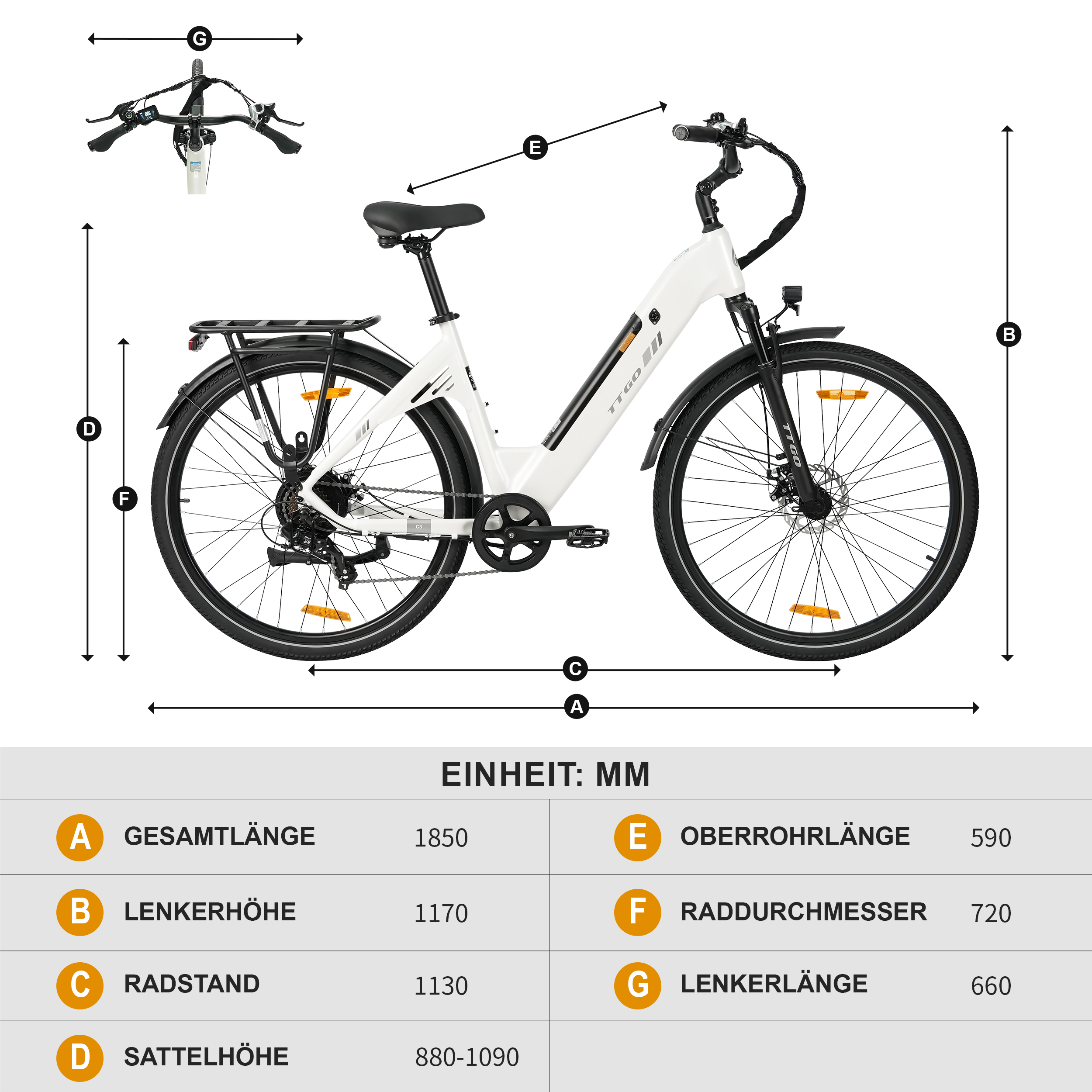 Technische Zeichnung eines weißen E-Bikes mit Maßen und Beschriftungen in MM.