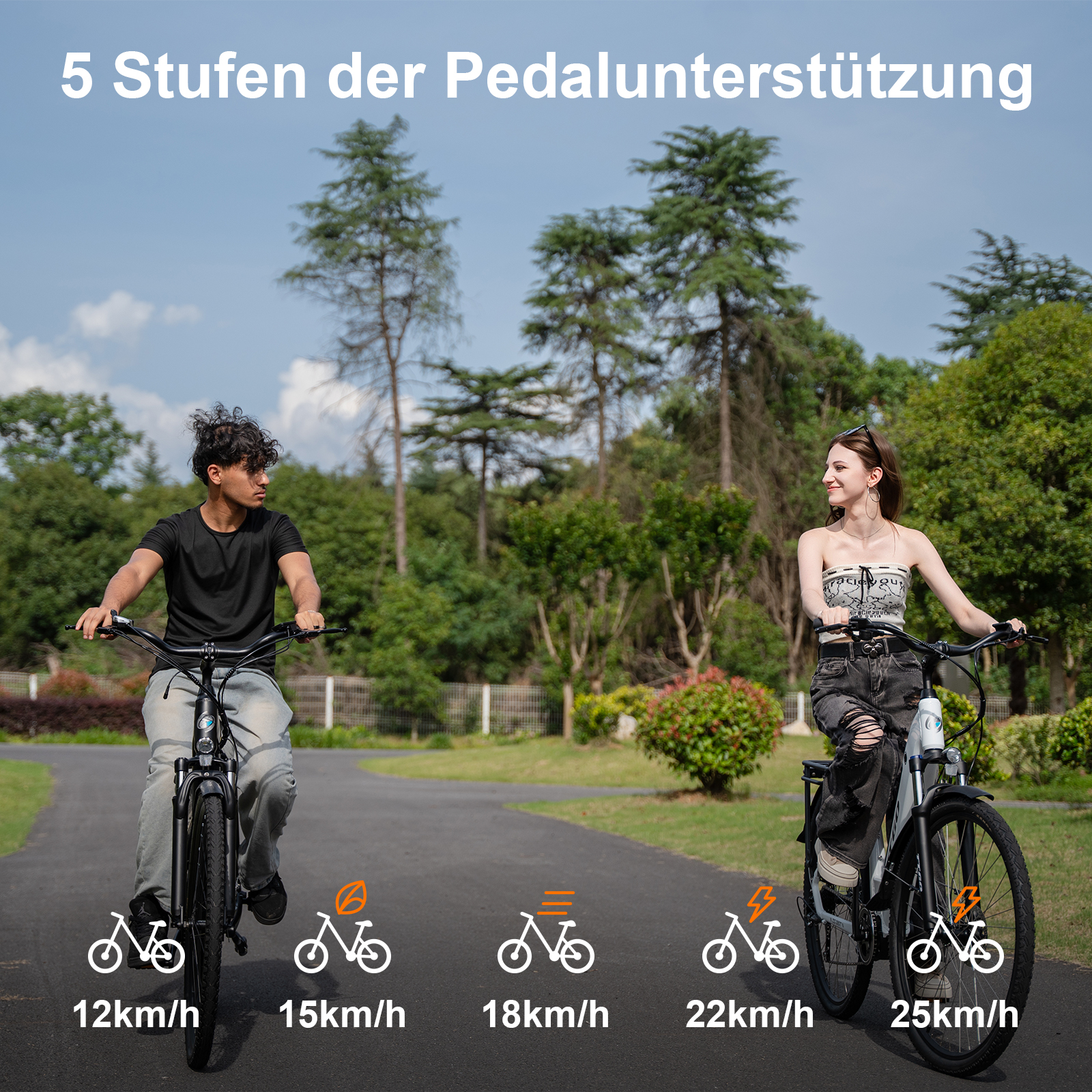 Mann und Frau fahren E-Bikes mit verschiedenen Unterstützungsstufen.