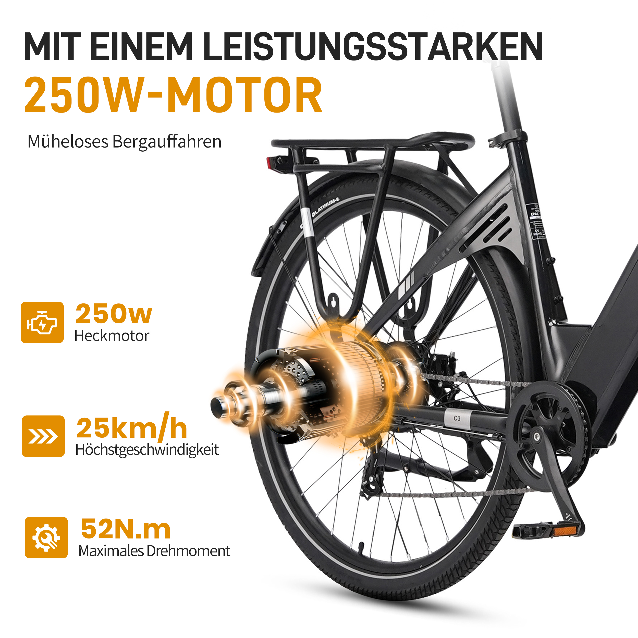 Ein schwarzes E-Bike mit Fokus auf den Heckmotor, 250W Leistung, 25km/h und 52Nm.