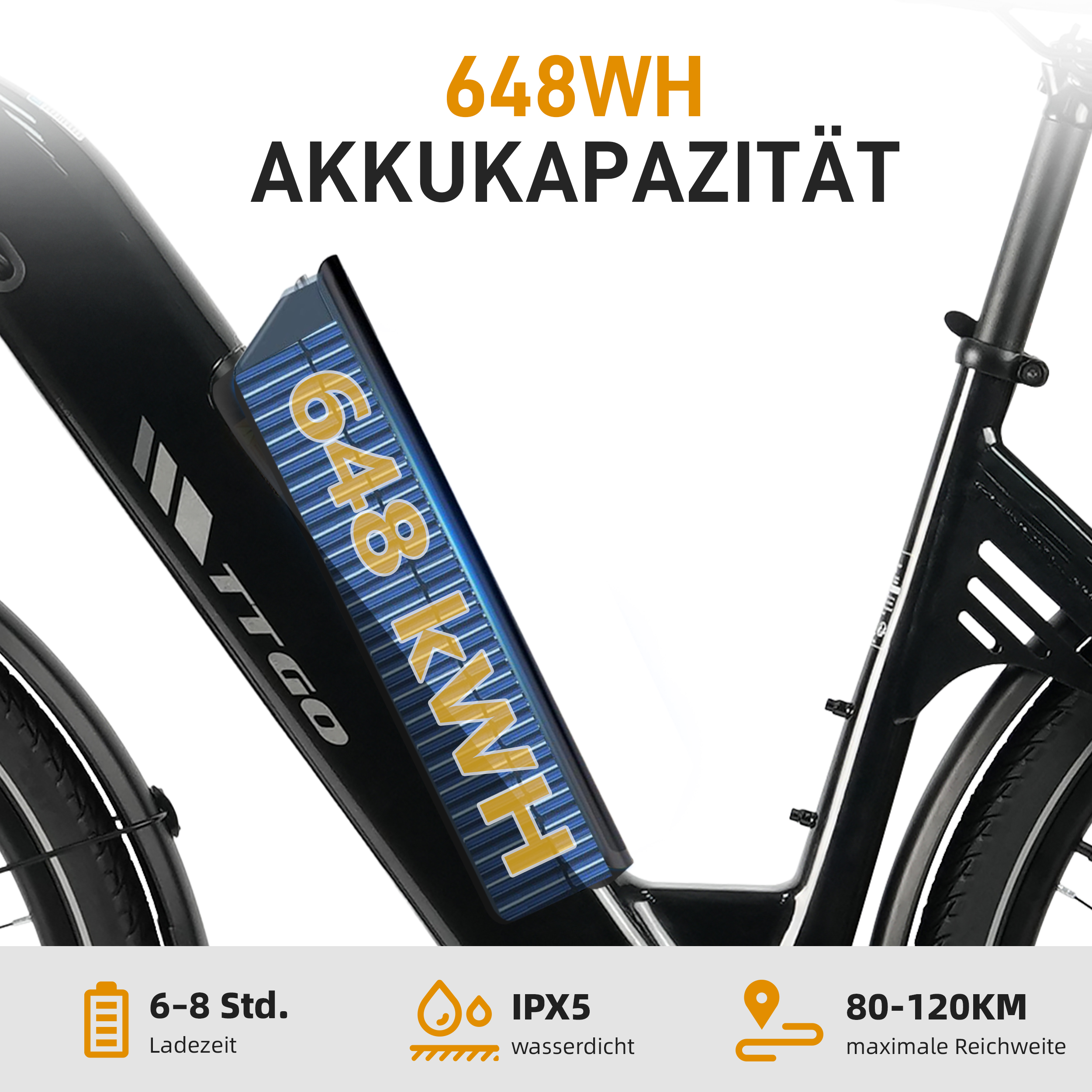 Das Bild zeigt einen Teil eines schwarzen E-Bikes mit einer Batterie, auf der 648 KWH steht.