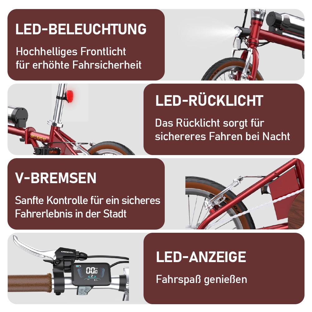 Fahrrad mit LED-Beleuchtung, V-Bremsen und LED-Anzeige.