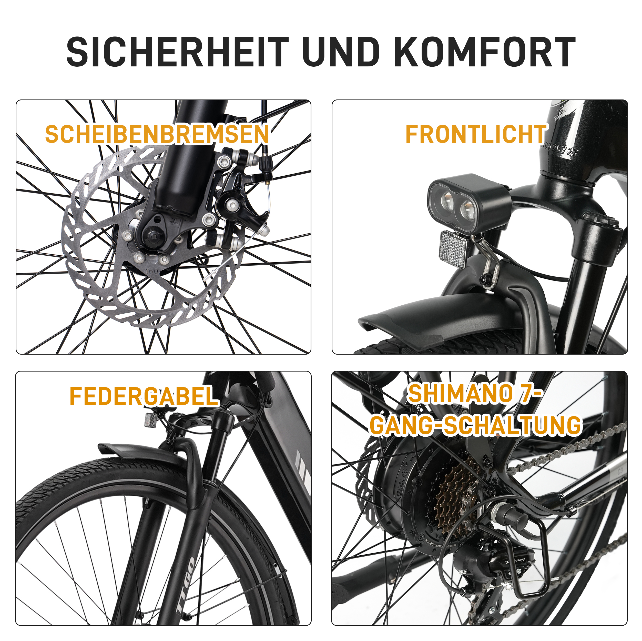 Eine Collage, die vier Nahaufnahmen eines Fahrrads zeigt: Scheibenbremsen, Vorderlicht, Federgabel und Shimano 7-Gang-Schaltung.