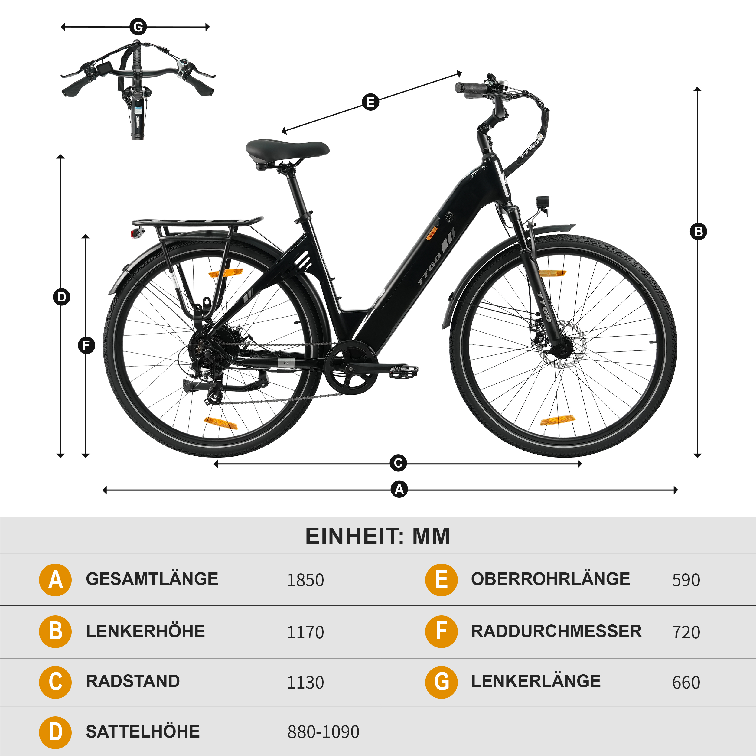 Schwarz-weißes Diagramm eines E-Bikes mit Maßlinien und Maßeinheiten.