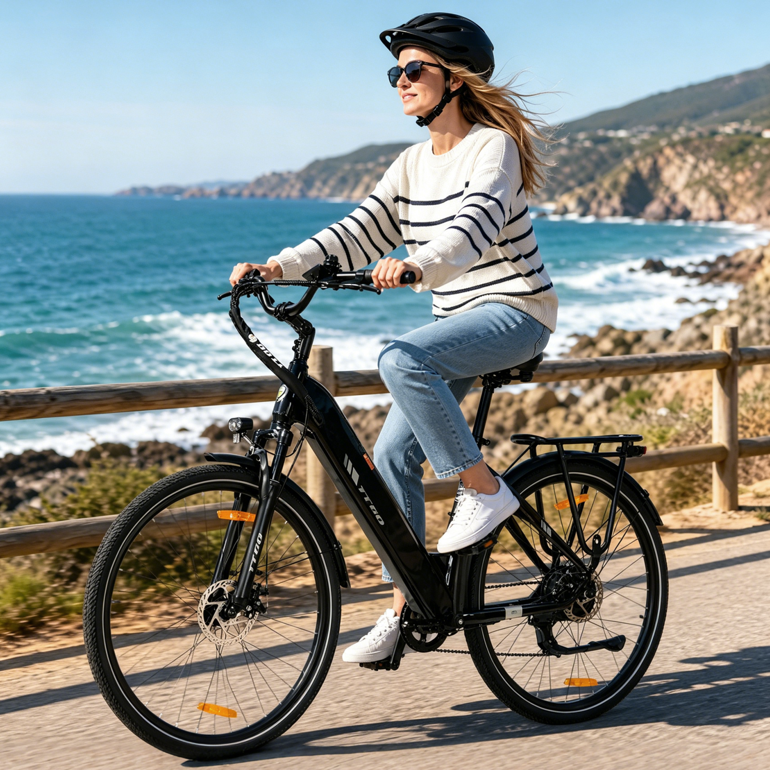 Frau fährt schwarzes E-Bike am Meer, trägt Helm, Sonnenbrille und gestreifte Strickjacke.
