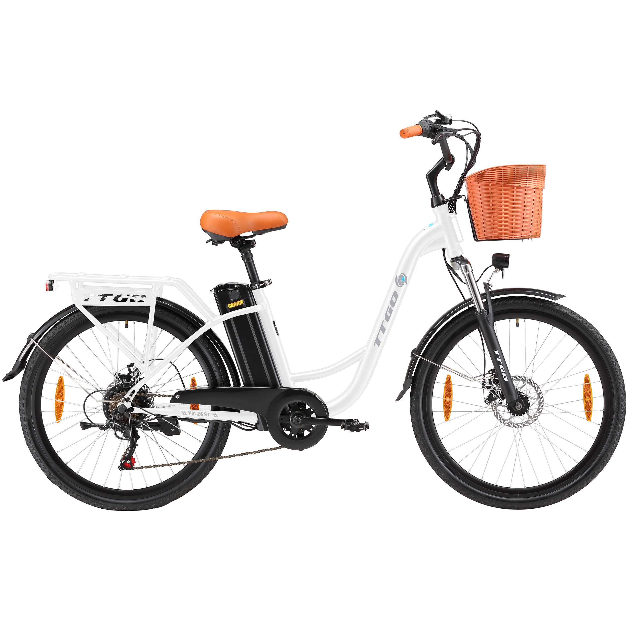 Ein weißes E-Bike mit orangefarbigem Korb und Sattel, schwarzem Akku.