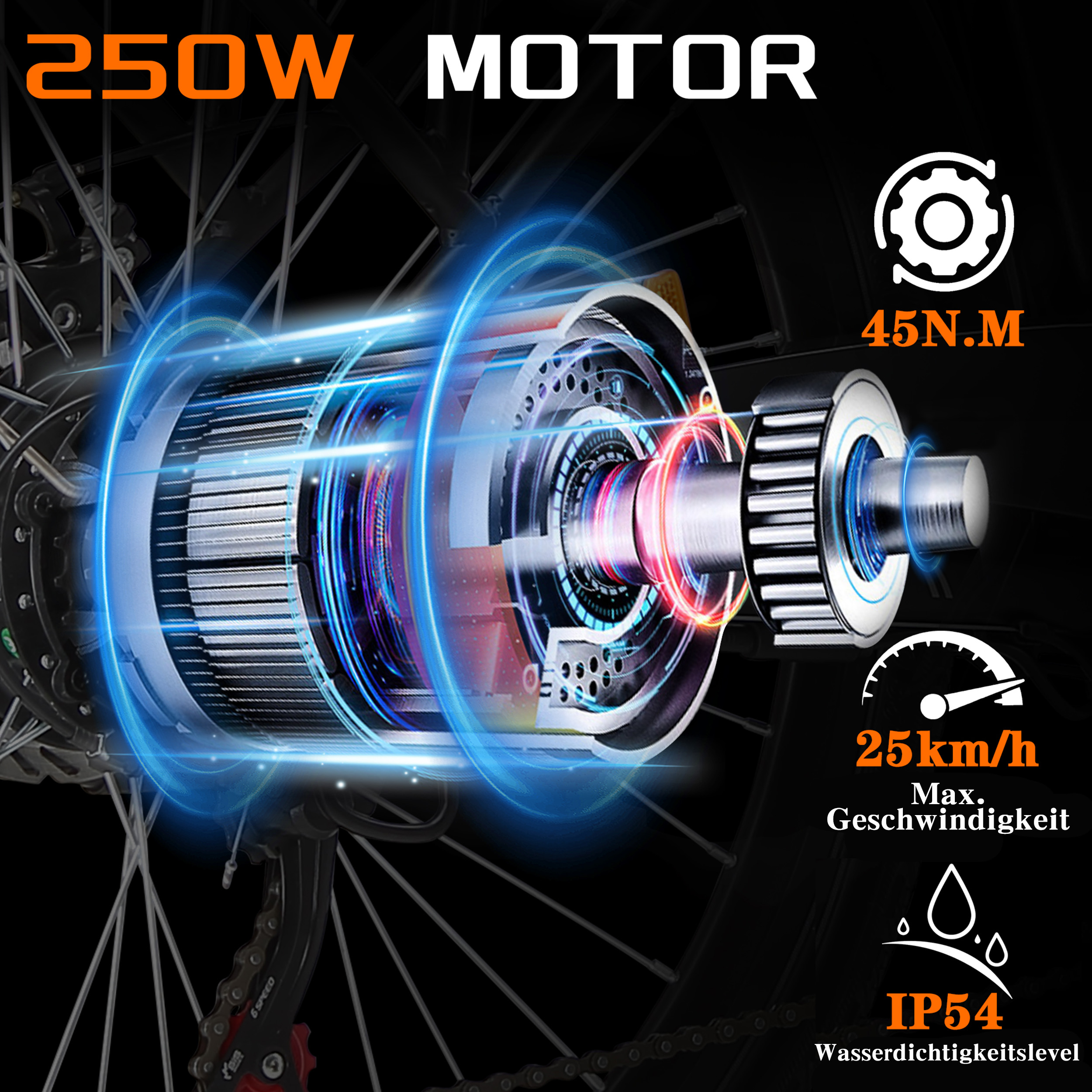 250W Motor mit 45 Nm Drehmoment, 25 km/h max. und IP54 Wasserdichtigkeit.