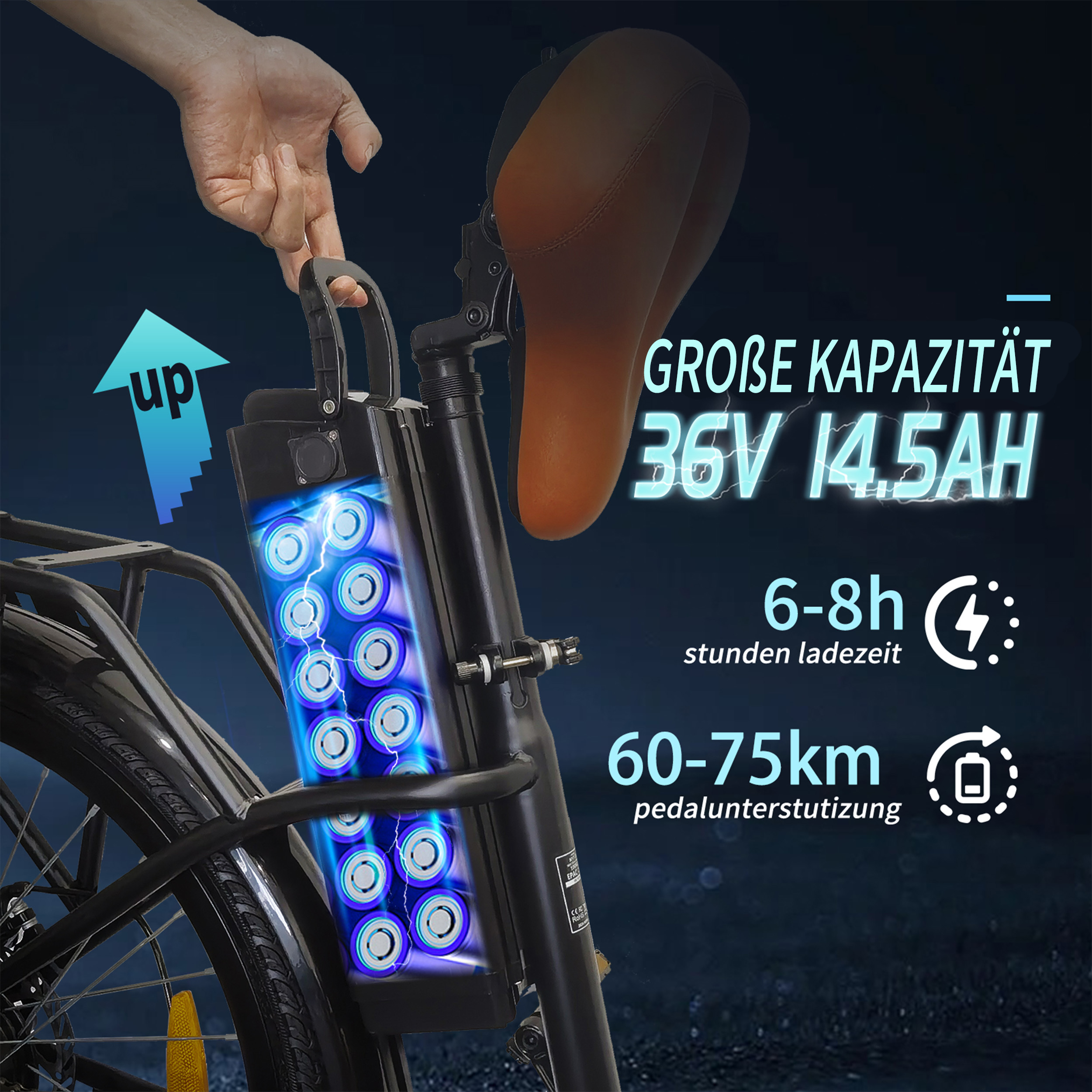 E-Bike-Akku mit 36V 14.5AH, 6-8h Ladezeit, 60-75km Reichweite.