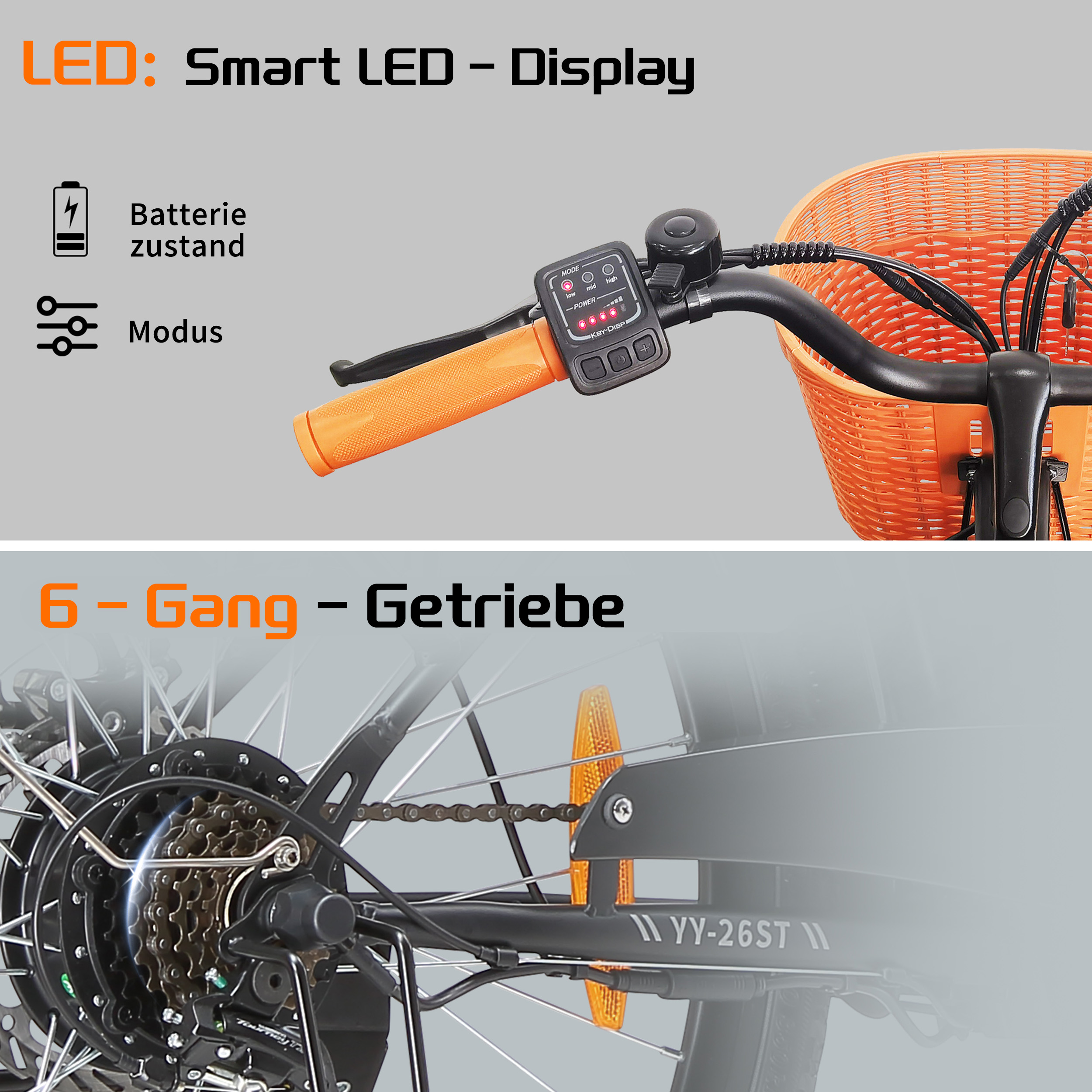 E-Bike-Lenker mit Display, Korb und Gangschaltung.