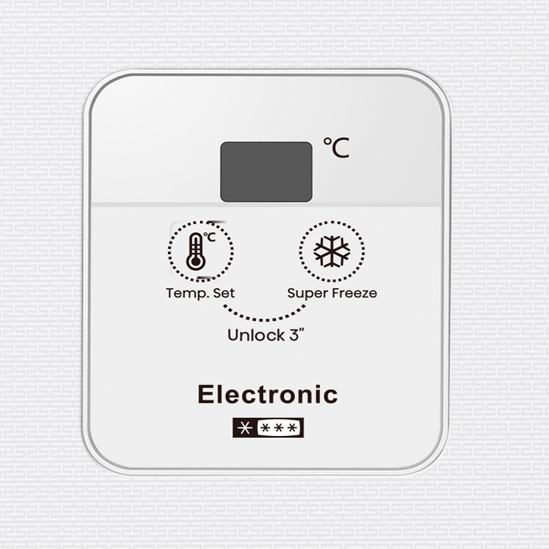 Panel de control electrónico con pantalla de temperatura, iconos 'Temp. Set' y 'Super Freeze'.