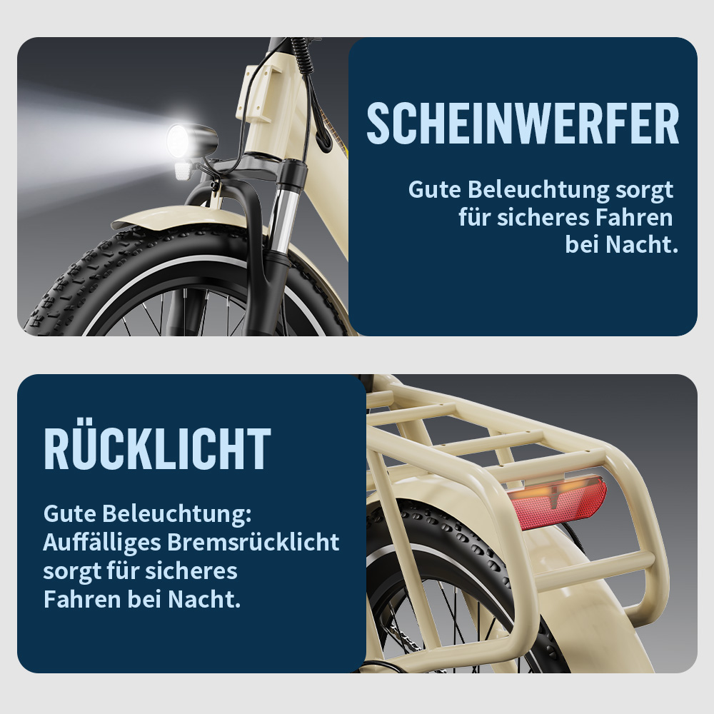 Ein Fahrrad mit Scheinwerfer und Rücklicht, beleuchtet für Nachtfahrten.