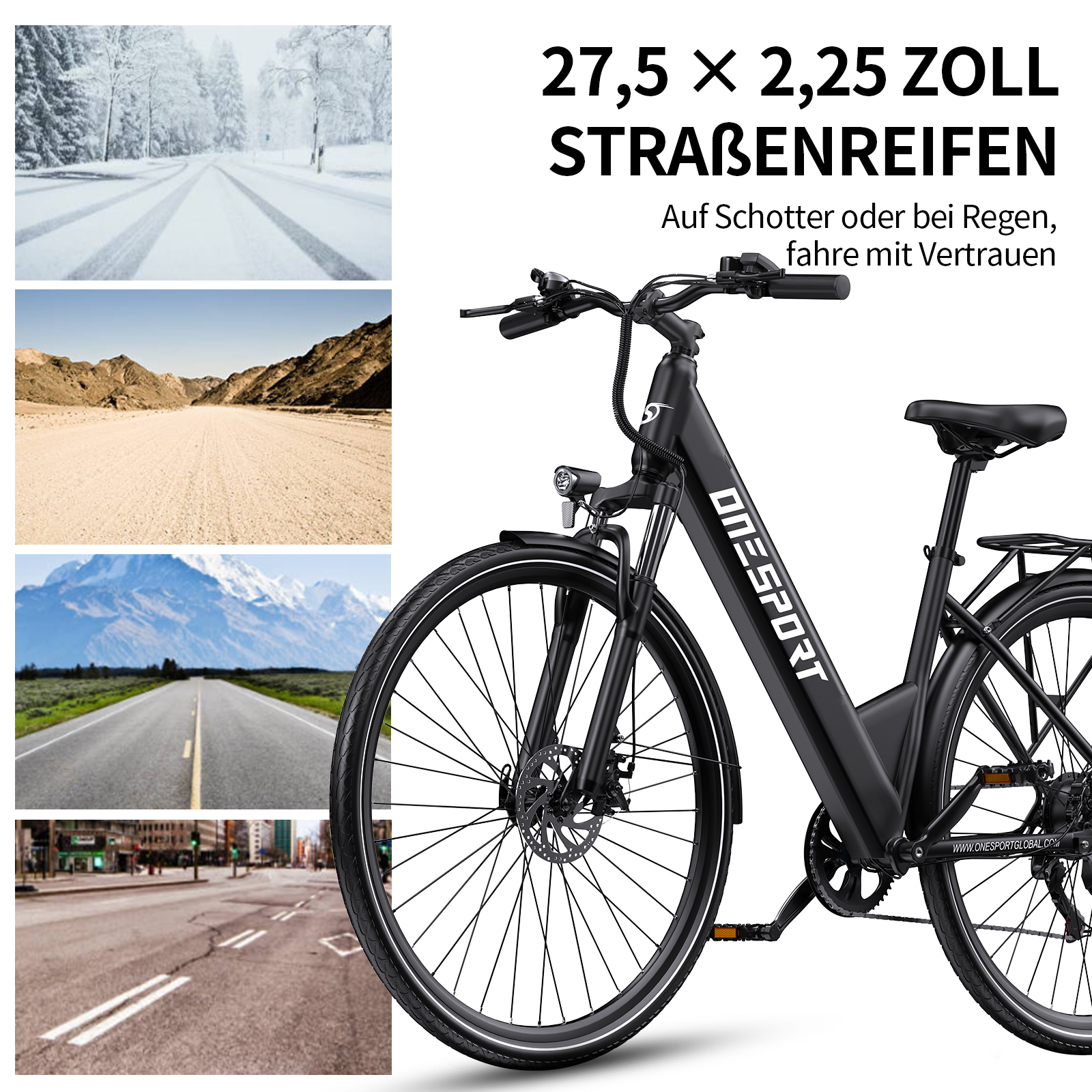 Ein schwarzes E-Bike mit Text über Reifen für alle Straßenbedingungen.