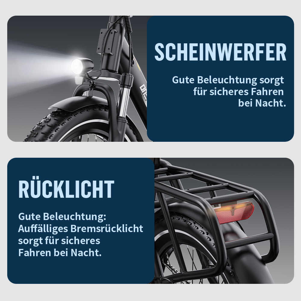 Fahrradscheinwerfer und Rücklicht für sicheres Fahren bei Nacht.