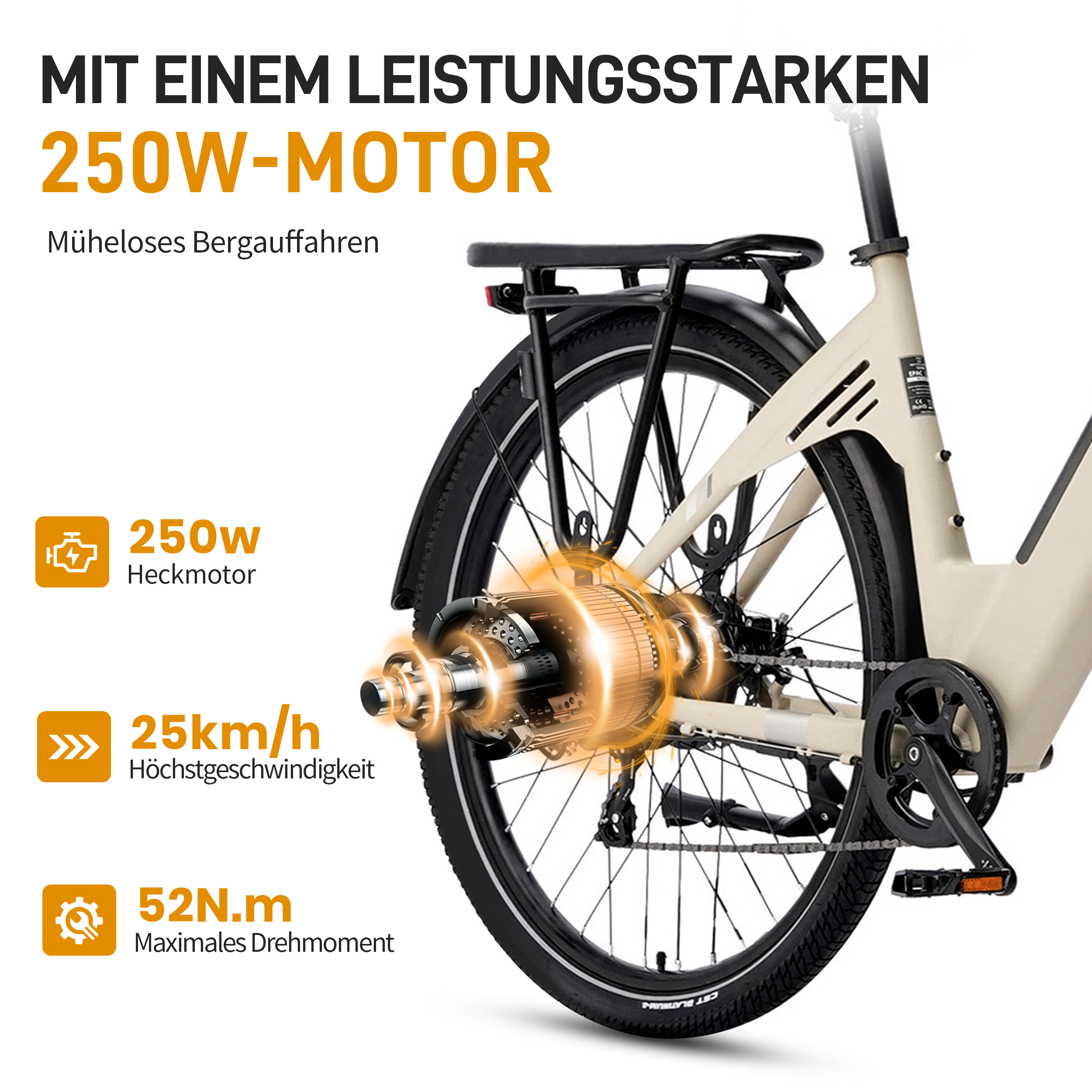 Ein beiges E-Bike mit 250W Heckmotor, 25km/h Höchstgeschwindigkeit und 52N.m Drehmoment.