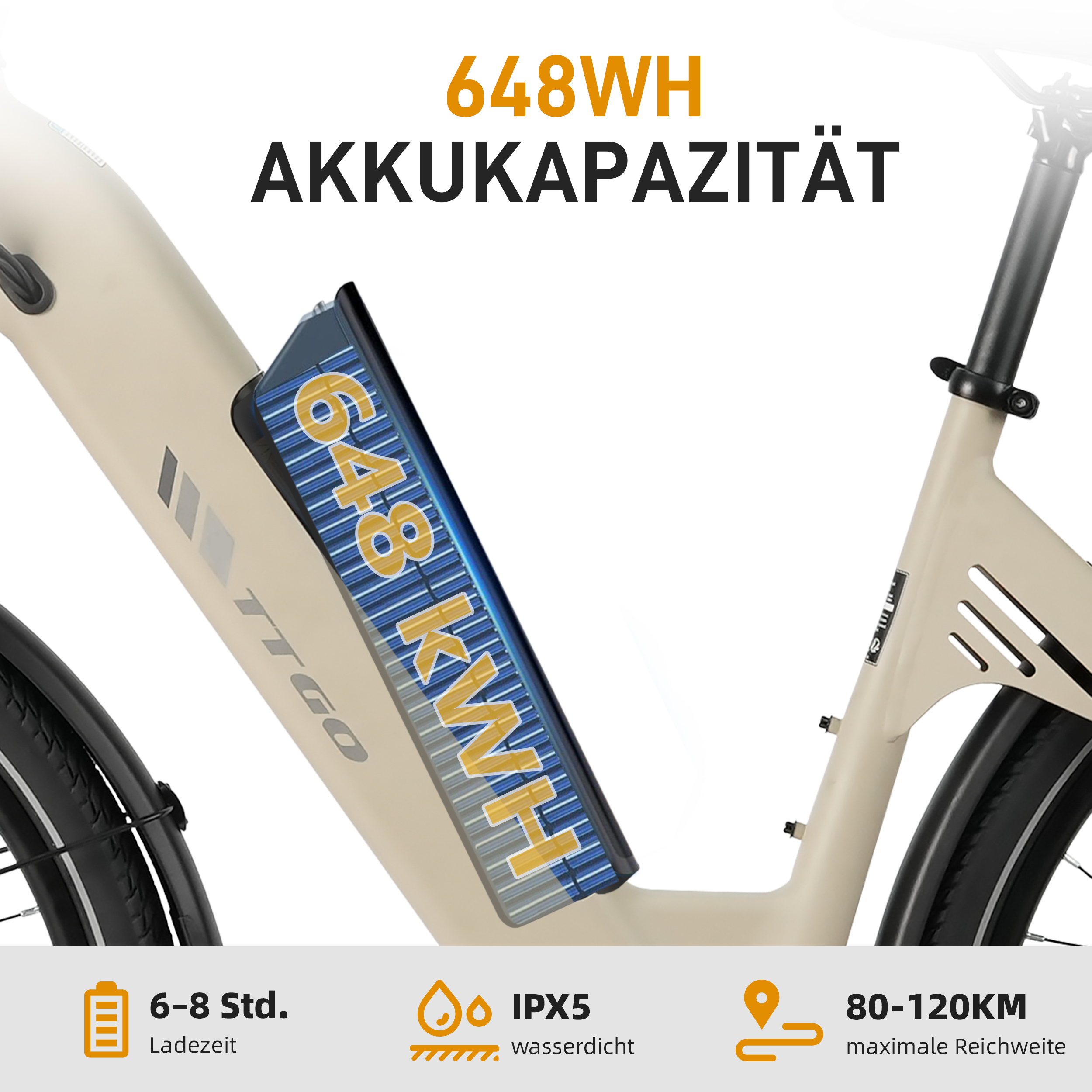 Beiger E-Bike-Rahmen mit sichtbarem Akku (648WH). Text: 648WH Akkukapazität.
