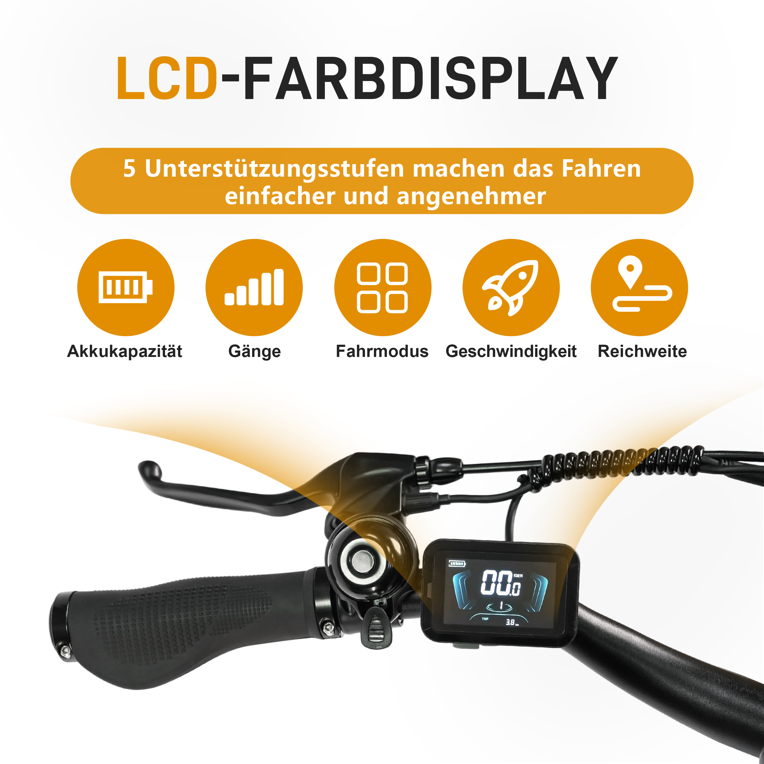 Fahrradlenker mit LCD-Farbdisplay, das Akkukapazität, Gänge, Fahrmodus, Geschwindigkeit und Reichweite anzeigt.